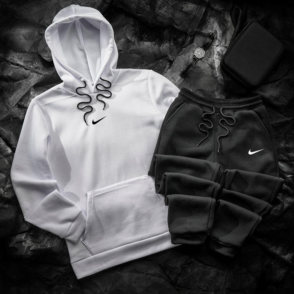 Спортивний костюм чоловічий зимовий Nike білий-чорний комплект худі штани найк теплий з начосом зима