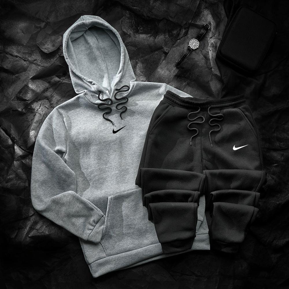 Спортивний костюм чоловічий зимовий Nike сірий-чорний комплект худі штани найк теплий з начосом зима