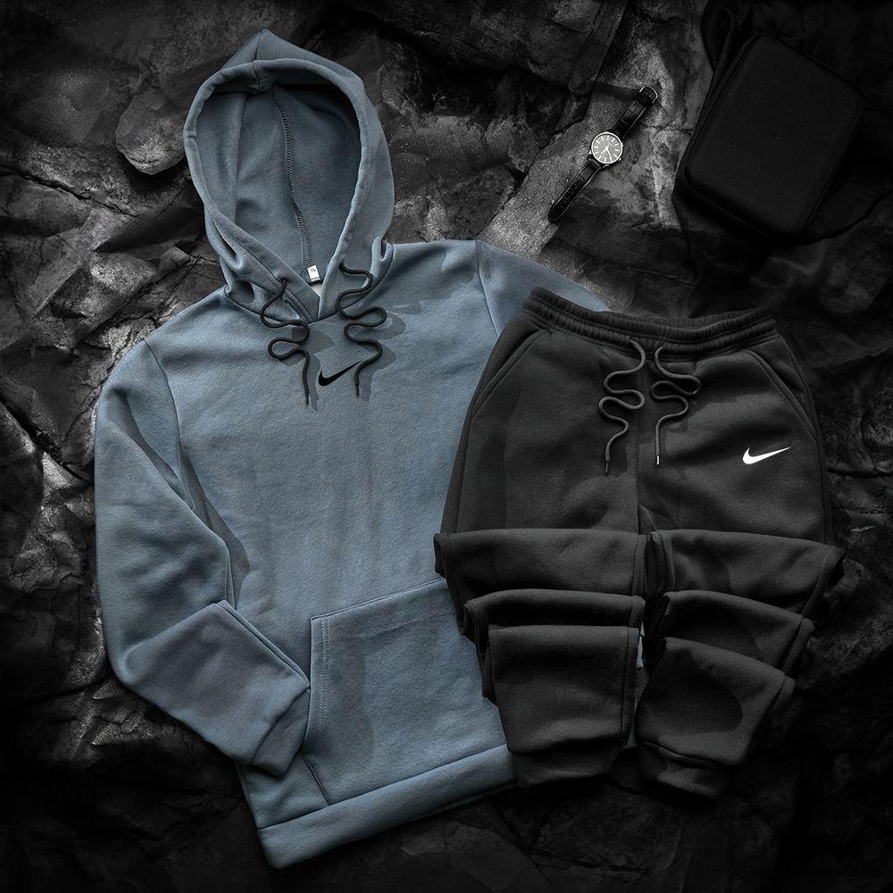 Спортивний костюм чоловічий зимовий Nike блакитний-чорний комплект худі штани найк теплий з начосом зима