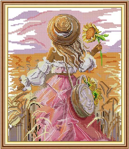 Набір для вишивання за нанесеною на канву схемою "Sunflower Girl". AIDA 14CT printed 30*34 см