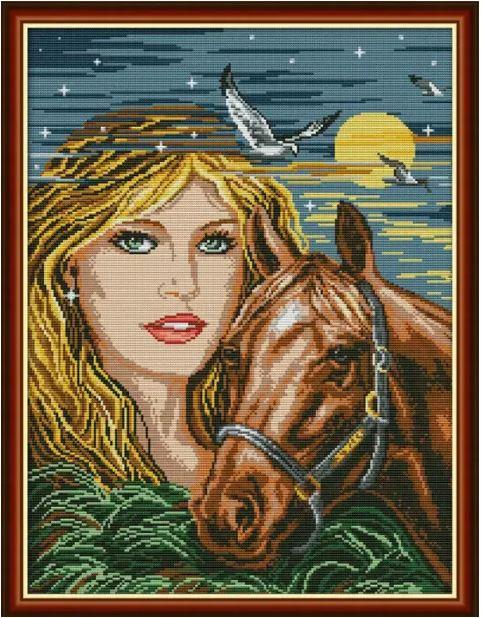 Набір для вишивання за нанесеною на канву схемою "Beauty and Horse". AIDA 14CT printed 41*52 см