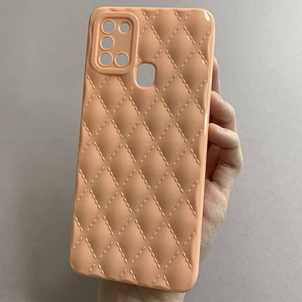 Чохол для Samsung Galaxy A21s глянсовий рельєфний з ромбами чохол на телефон самсунг а21с персиковий f0k, фото 1