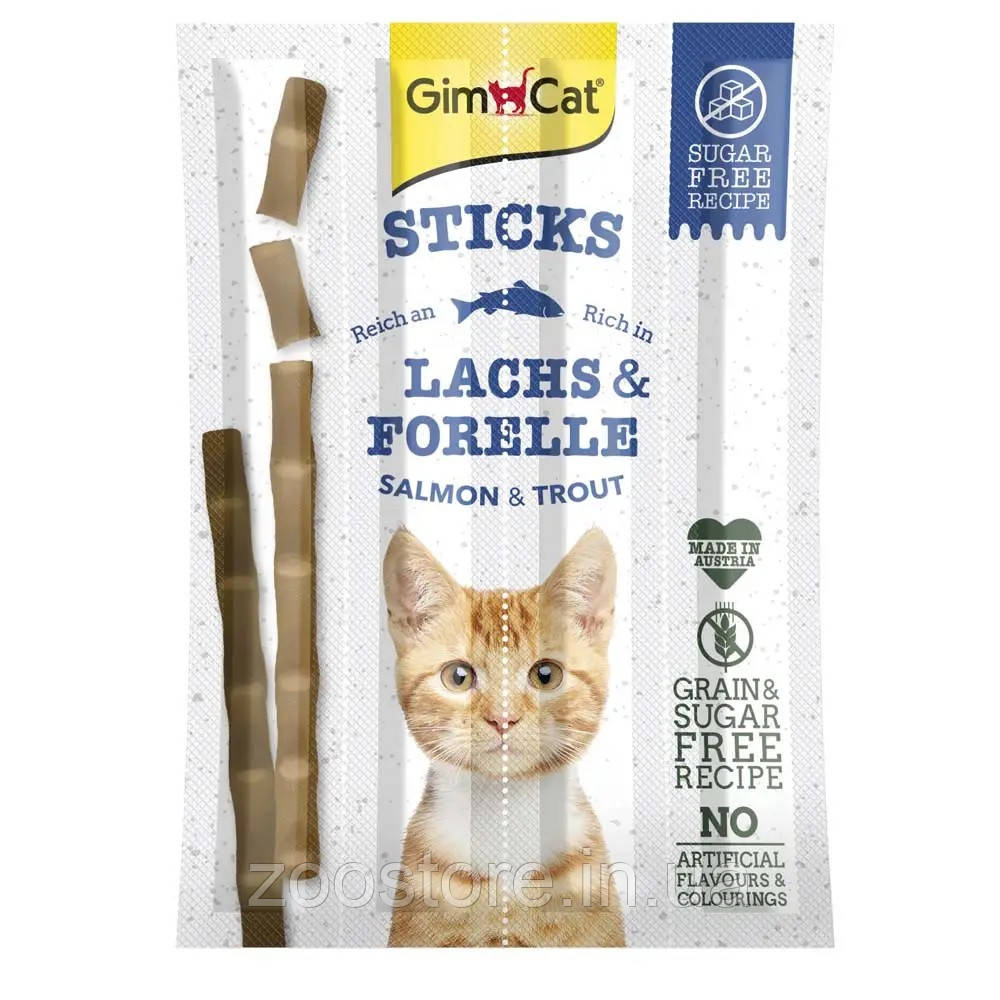 Ласощі М’ясні палички для котів GimCat Sticks Lanchs & Forelle з лососем та тріскою, 4 шт по 5 г