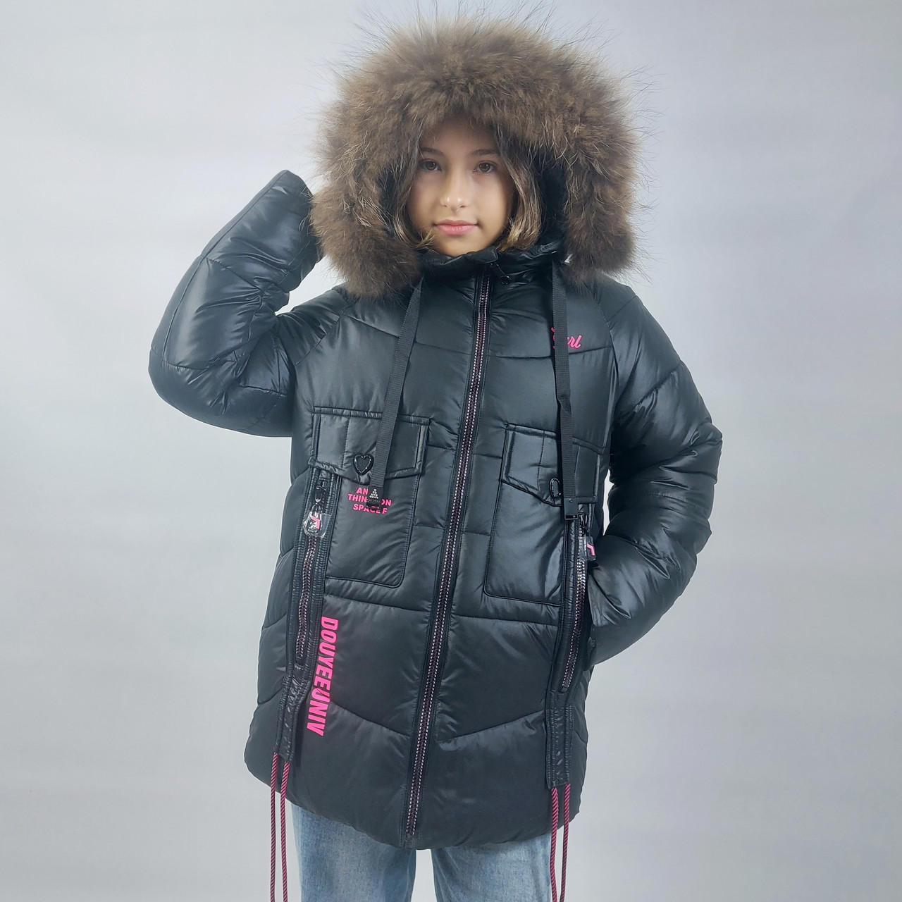 Дитяча підліткова чорна зимова куртка на дівчинку з натуральним хутром 134,146