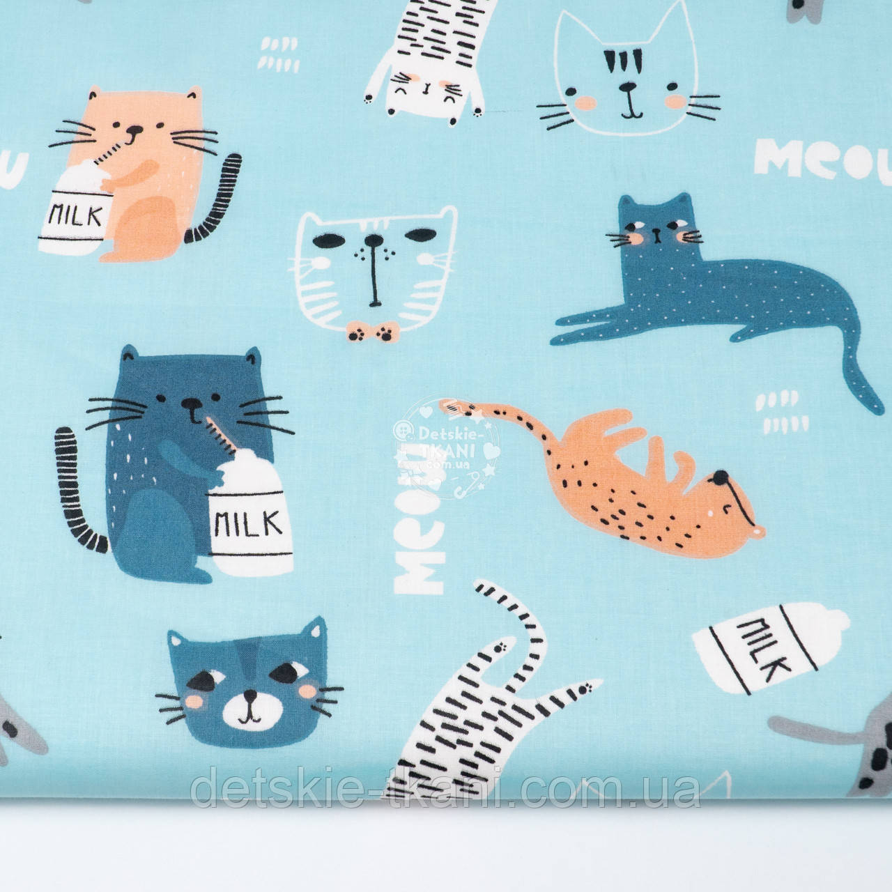 Бязь "Коти з молоком" на бірюзовому тлі, №4858