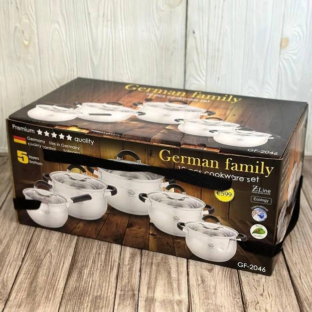 Набір каструль German Family GF-2046 10 предметів із неіржавкої сталі з багатошаровим дном Німеччина