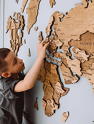 Дерев'яна 3D карта світу на стіну, колір фундук100*65 см