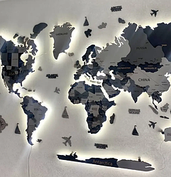 Дерев'яна карта світу 3D три відтінки сірого 100*65 см
