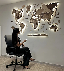 Дерев'яна 3D карта світу 3D, колір кемел, англійська мова 100*65 см