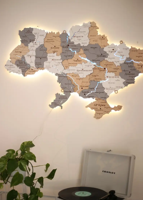 Дерев'яна карта України на стіну з підсвіткою річок, колір стоун 100 * 67 см
