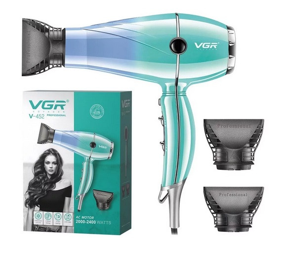 Фен для волосся професійний VGR V-452 (2400 Вт, 3 режими, Турбо режим, 2 насадки)