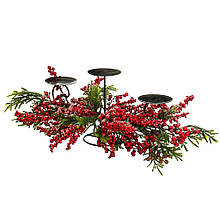 Декоративно прикрашений новорічний свічник "Ягідний" на три свічки