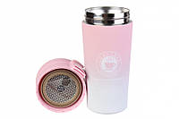 Термокружка розовая металлическая с градиентом CAFE STYLE 350 мл.,термостакан с логотипом для заваривания чая