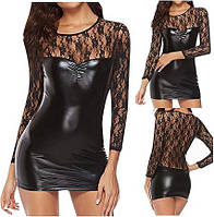 Коротка чорна латексна сукня, вгору та рукави мереживо