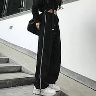 Женские широкие теплые черные штаны на резинке с полосками по бокам, осень-зима; размер: 42-46