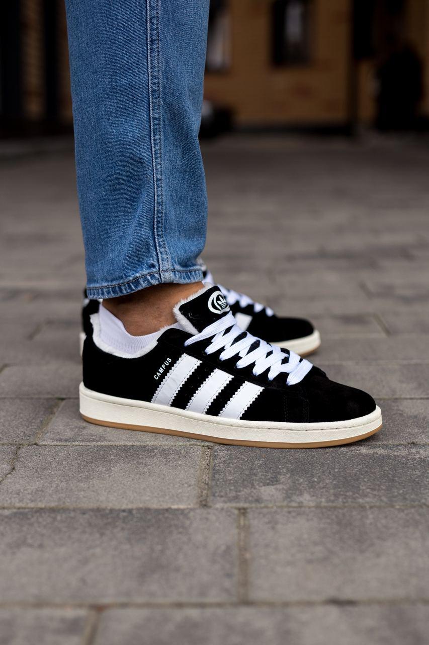 Зимові Кросівки Adidas Campus 00s Black White / Адідас Кампус 00 Чорні з Білим (Хутро)