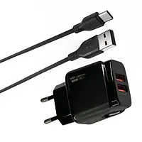 Блок для зарядки телефона 2USB 12W+кабель Type-C 2.4A 1м черный Veron