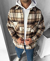 Стильная мужская рубашка бежевая из шерсти оверсайз, повседневная мужская рубашка в клетку на осень