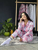 Жіноча піжама з фланелами в клітинку, колір рожевий