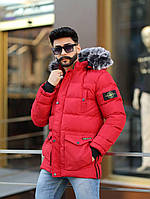 Зимняя мужская куртка с капюшоном красная теплая, стильный пуховик на молнии премиум качества