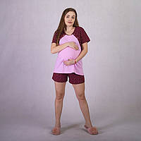 Пижама летняя женская для беременных и кормящих мам футболка с шортами хлопковая бордовая р.46-54