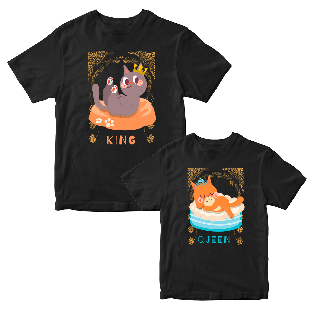 Парні чорні футболки для закоханих із принтом "Cats King and Queen. Коти Король та Королева" Push IT