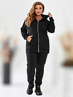 Спортивный теплый женский костюм ( кофта с капюшоном на молнии + штаны на резинке ) в больших размерах, черный