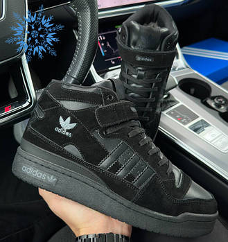 Чоловічі кросівки зимові Adidas Forum 84 High теплі зима (чорні). Живе фото. Зимові черевики