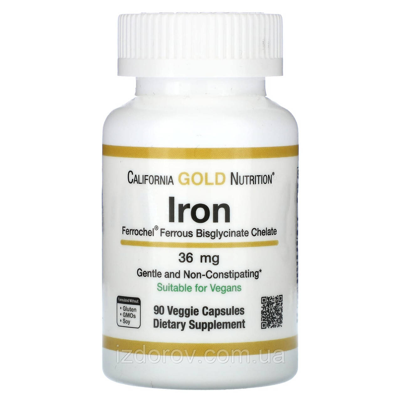 Хелат бігліцинату заліза 36 мг California Gold Nutrition Iron Ferroche 90 рослинних капсул