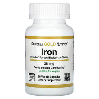 Хелат бігліцинату заліза 36 мг California Gold Nutrition Iron Ferroche 90 рослинних капсул