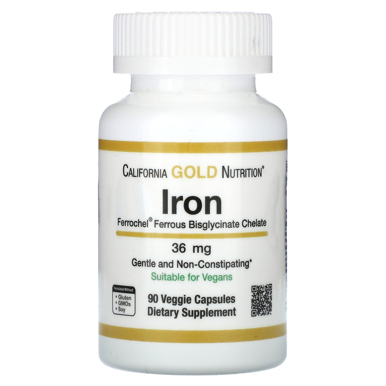 Залізо бісгліцинат 36 мг California Gold Nutrition Iron Ferroche 90 рослинних капсул