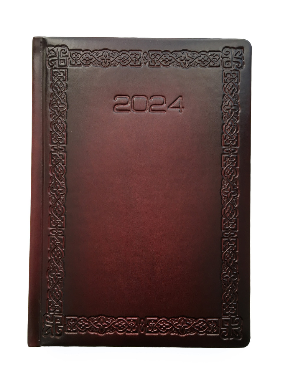 Щоденник датований 2024 рік, зріз блоку золото "Рамка Орнамент" бордовий А5, Бібльос, штучна шкіра