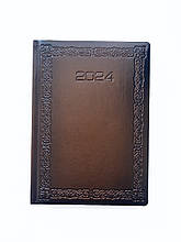 Щоденник датований 2024 рік, зріз блоку золото "Рамка Орнамент" коричневий А5, Бібльос, штучна шкіра