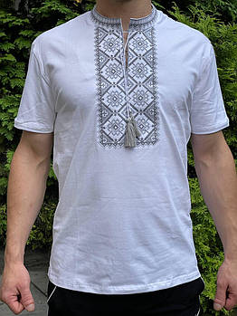 Футболка чоловіча "Француз" Стретч-кулір Білий (вишивка - Сірий)