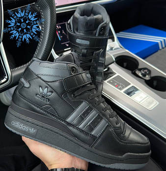 Чоловічі кросівки зимові Adidas Forum 84 High теплі зима шкіра (чорні). Живе фото. Зимові черевики