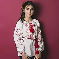 Блузка для дівчинки "Орнамент" Поплін Білий (вишивка - Червоний)
