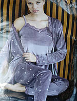 Комплект халат и пижама из велюра размером L (48-50), майка, штаны, одежда для сна