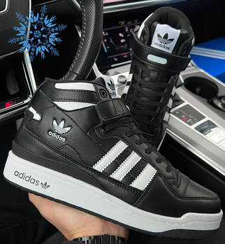 Чоловічі кросівки зимові Adidas Forum 84 High теплі зима (чорні з білим). Живе фото. Зимові черевики