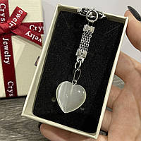 Подарок девушке - натуральный камень Улексит серый кошачий глаз кулон в форме сердечка на брелке в коробочке