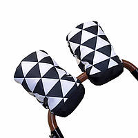 Роздільна муфта на коляску. Муфти рукавички на ручку коляски або візочка Mamalook, чорні з принтом "Трикутники"