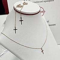 Комплект золотий сережки з підвісками хрестиками довгі та ланцюжок якірного плетіння з підвіскою хрестиком