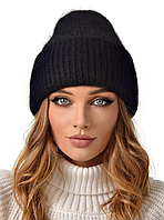 Шапка женская зимняя черная теплая Ангоровая пушистая шапка стильная модная с отворотом Объемные шапки