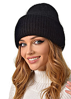 Шапка женская Ангоровая черная зимняя теплая пушистая с отворотом Объемные шапки осень зима флис