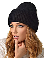 Шапка женская черная Ангоровая зимняя теплая пушистая с отворотом Объемные шапки осень зима флис