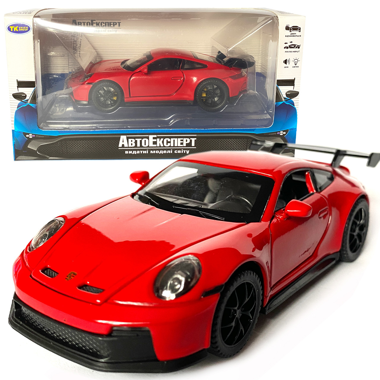 Іграшкова машинка металева Porsche 911 GT3, порше, червоний, звук, світло, інерція, откр двері, капот, Автоексперт,, фото 1