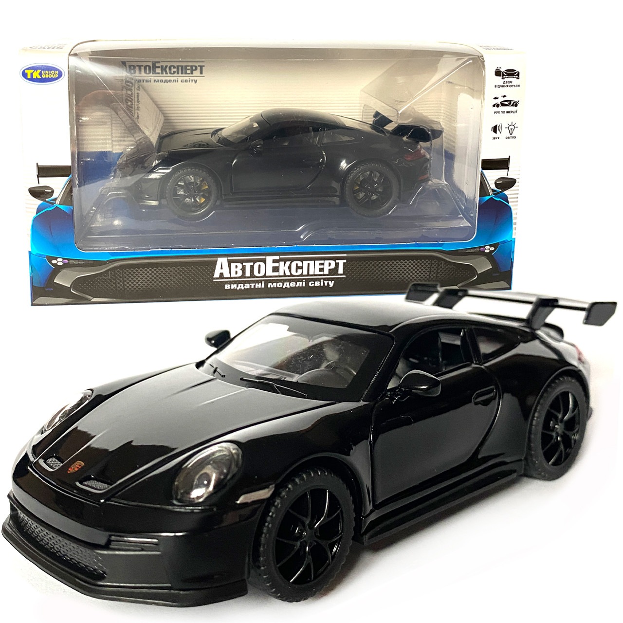 Іграшкова машинка металева Porsche 911 GT3, порше, чорний, звук, світло, інерція, откр двері, капот, Автоексперт, 1:32,15*7*4,5см, фото 1