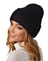 Женская шапка зимняя черная вязаная ангора с отворотом Объемные Женские шапки осень зима флис