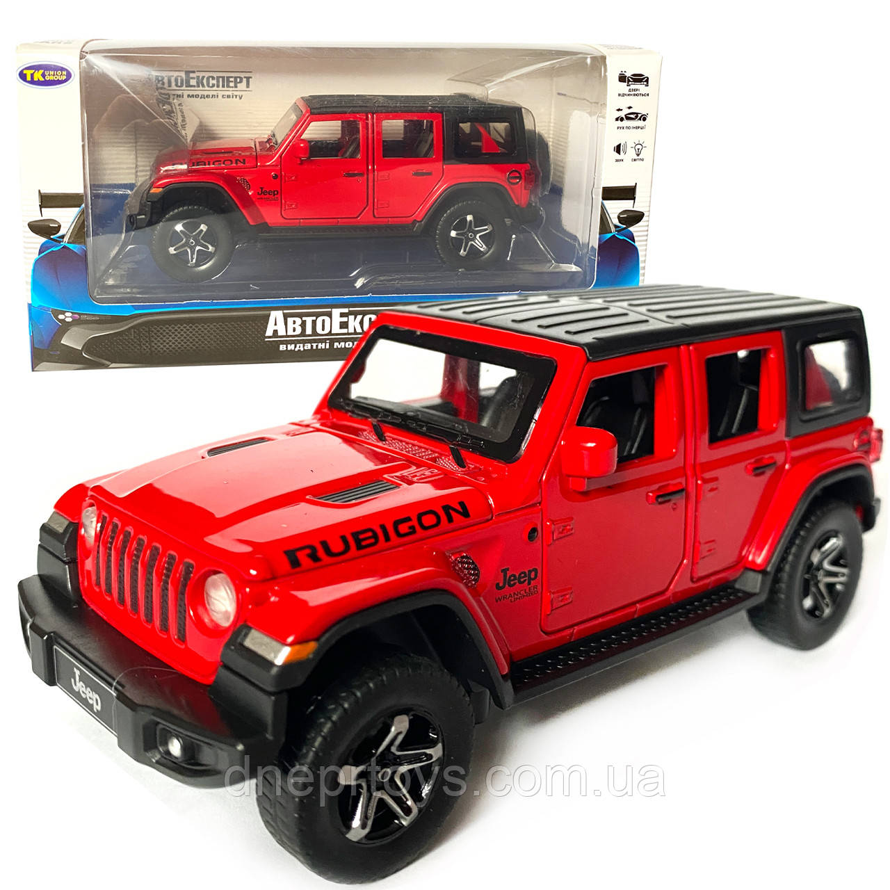 Іграшкова машинка металева Jeep Wrangler Unlimited Rubicon, Джип, червоний, звук, світло, інерція, откр двері, капот, Автоексперт,, фото 1