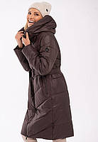 Женское пальто стеганое - куртка зимняя с поясом, коричневая Volcano L