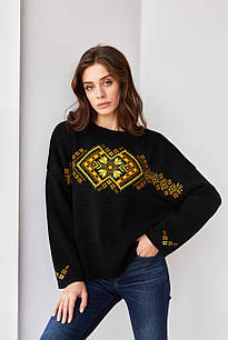 Джемпер oversize в українському стилі "Етно", жіночий напіввовняний чорний светр з орнаментом